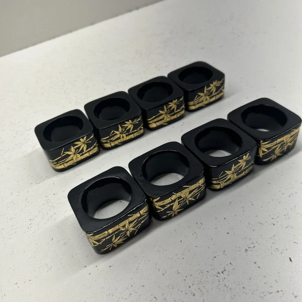 Vintage Black Lacquer Napkin Rings Set of 8 Gold Bamboo Asian Table Decor